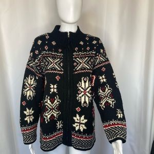 LE MODA . 100% WOOL NORDIC SWEATER. SIZE M. BLACK. LE MODA SNOWFLAKE DESIGN